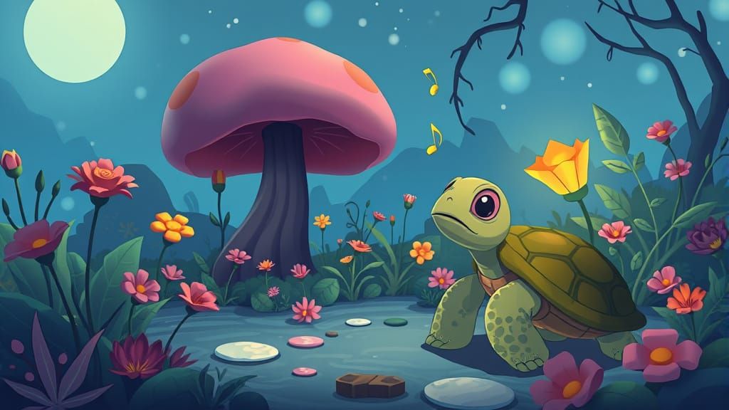 Surreal Cartoon Garden with Singing Turtle