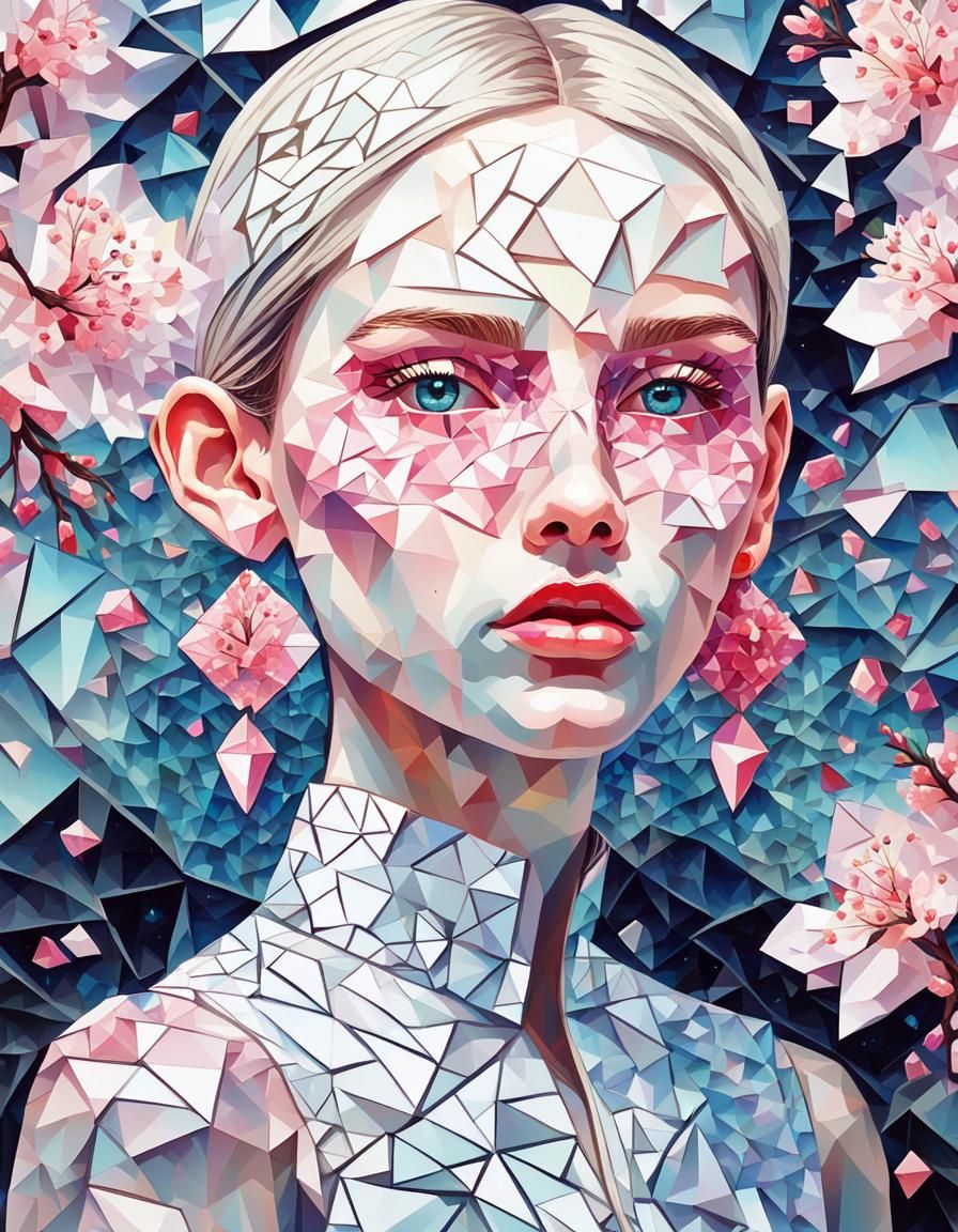 Pointillist Woman with Sakura Earrings in Cubist Room