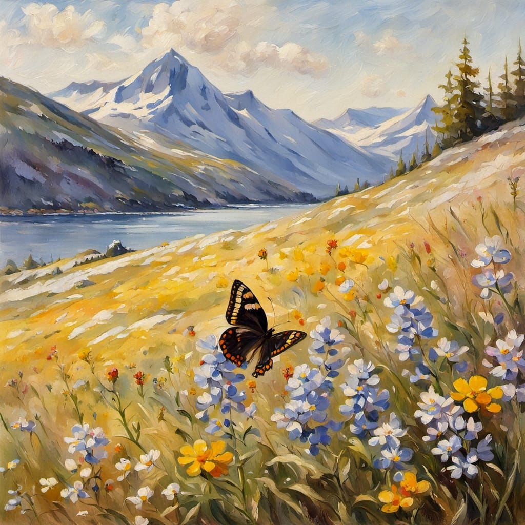 Impressionistic Wildflower Scene with Butterfly in Sunny Nor...