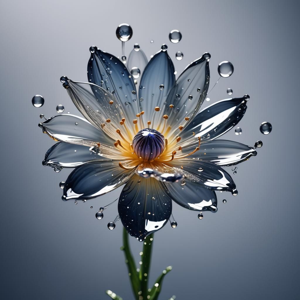 Glass Flower Trapped in Water Droplet