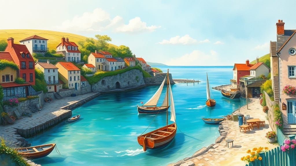 Whimsical Coastal Village in Vibrant Hues
