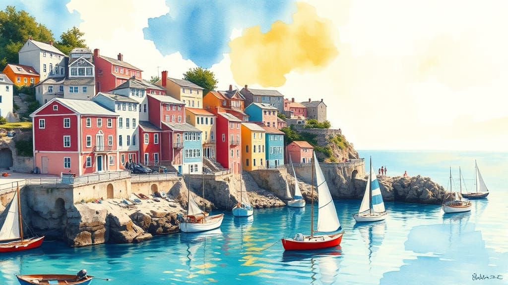 Vibrant Seaside Village in Soft Pastel Hues with Turquoise W...