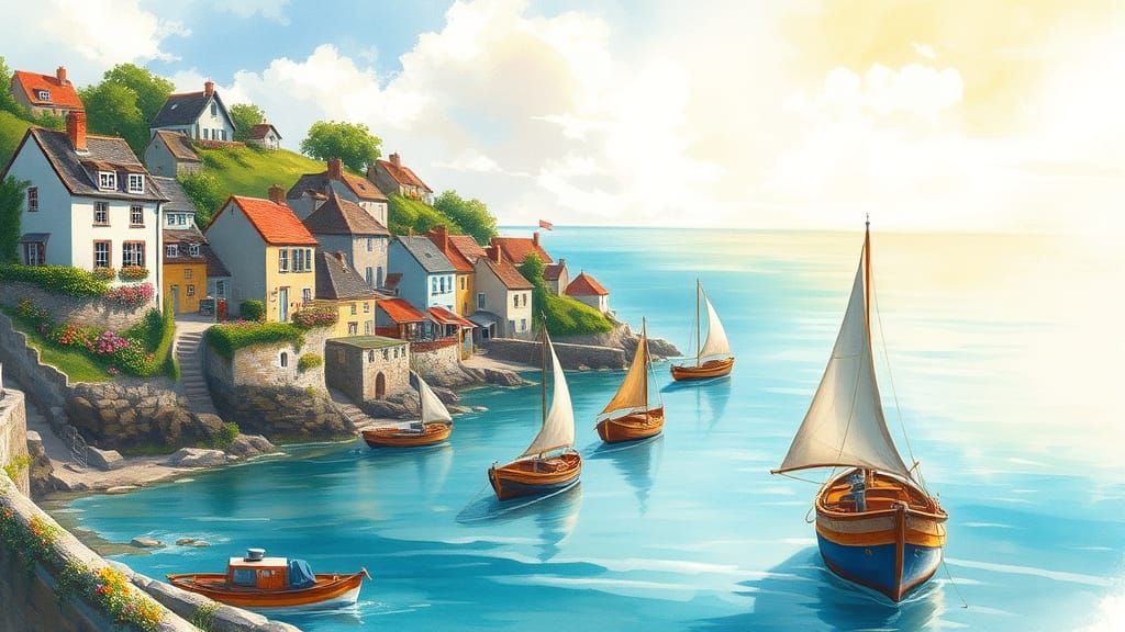 Charming Seaside Village in Vibrant Colors and Soft Light