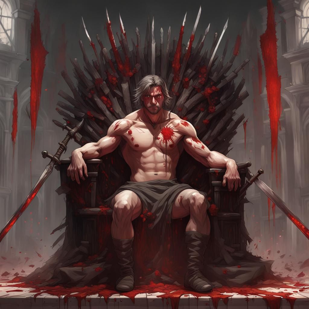Bloody King on Knife Throne with Wolf, Hyperdetailed Art