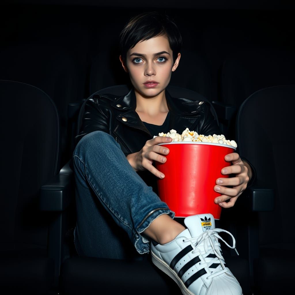 Young Woman in Movie Theater in Cinematic Style
