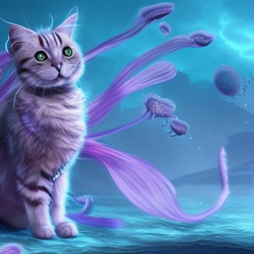 Cat-Jellyfish Hybrid in Detailed Fantasy Art