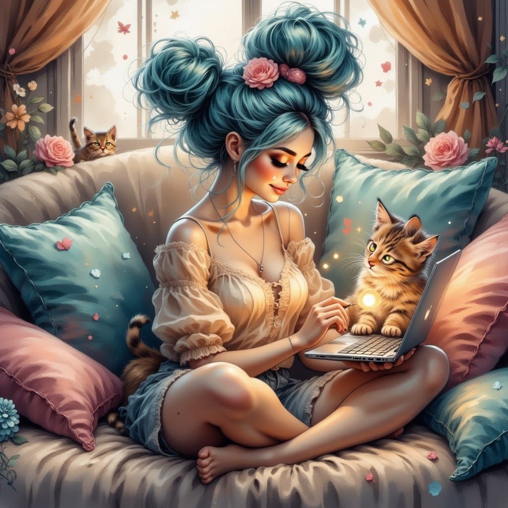 Cozy Digital Painting of Woman and Kittens in a Whimsical Sc...
