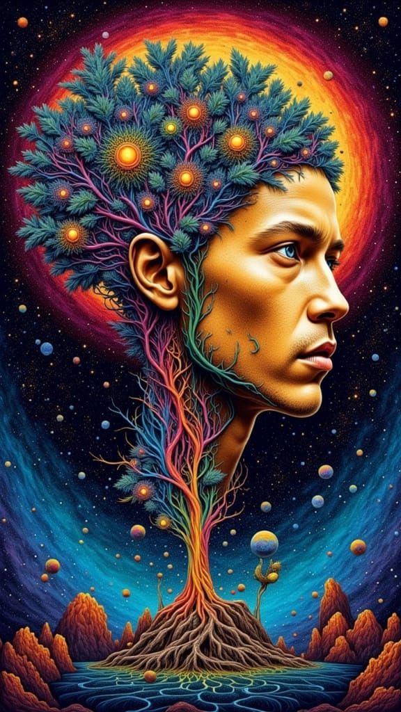 Chromatic Surrealism: Aboriginal Dot Painting of Fractal Man