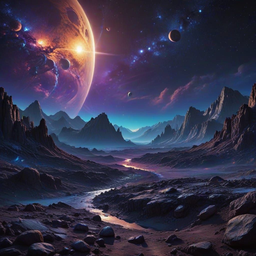 Dreamlike Planetary Alignment on the Moon in Vibrant Oil Pai...