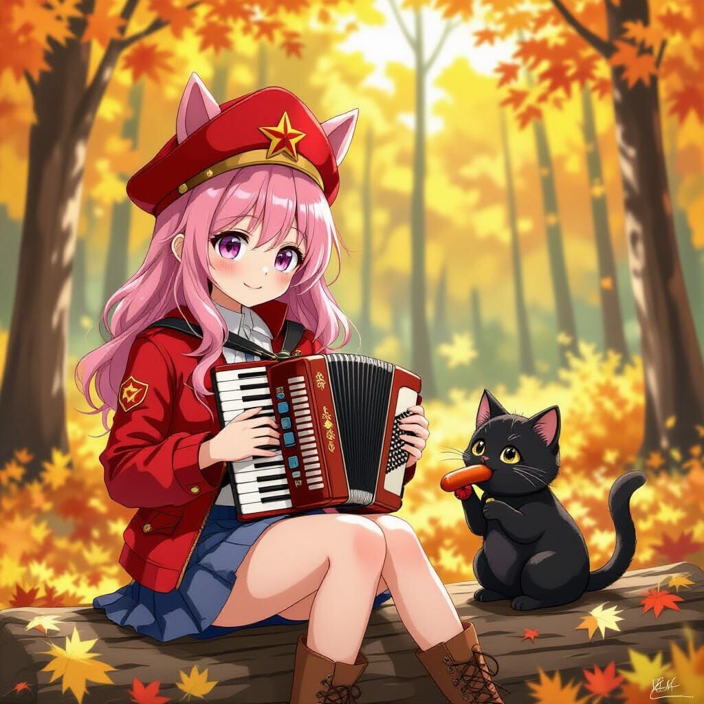 Anime Girl with Pink Hair and Horse Ears in Autumn Forest