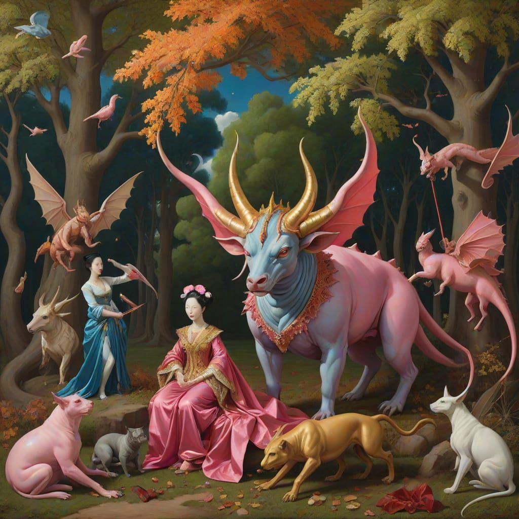 Mythical Chimaera with Matador, Harlequin, and Geisha in Vib...