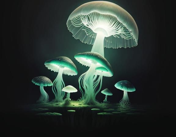 Mystical Jellyfish in Toadstool Forest: Surreal Digital Art