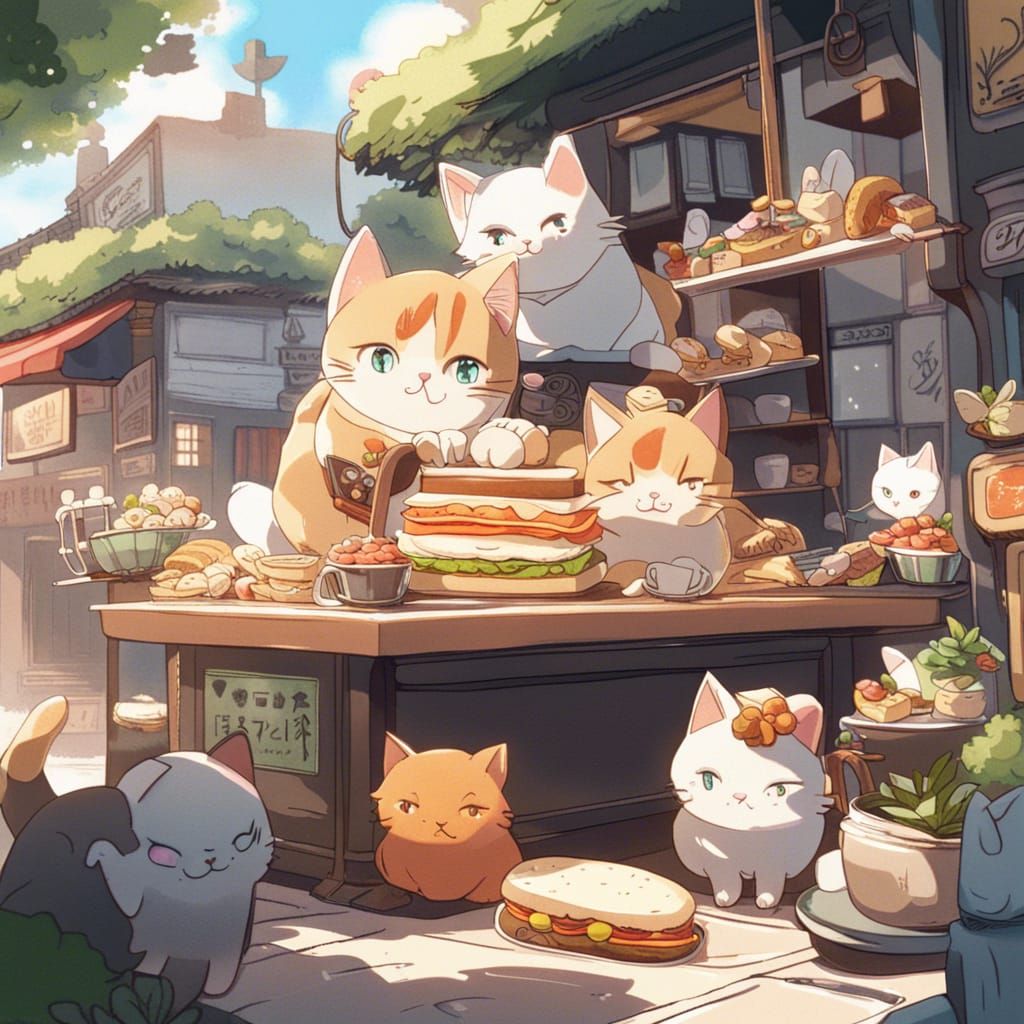 Anime Cat Sandwich in Detailed Cafe