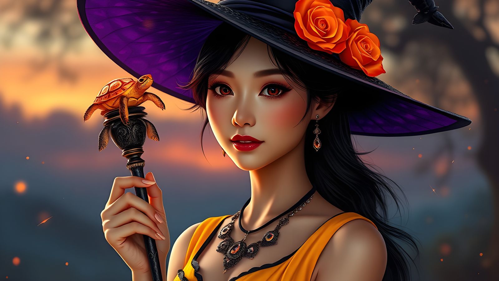 Beautiful Asian Witch in Fantasy Dusk Environment