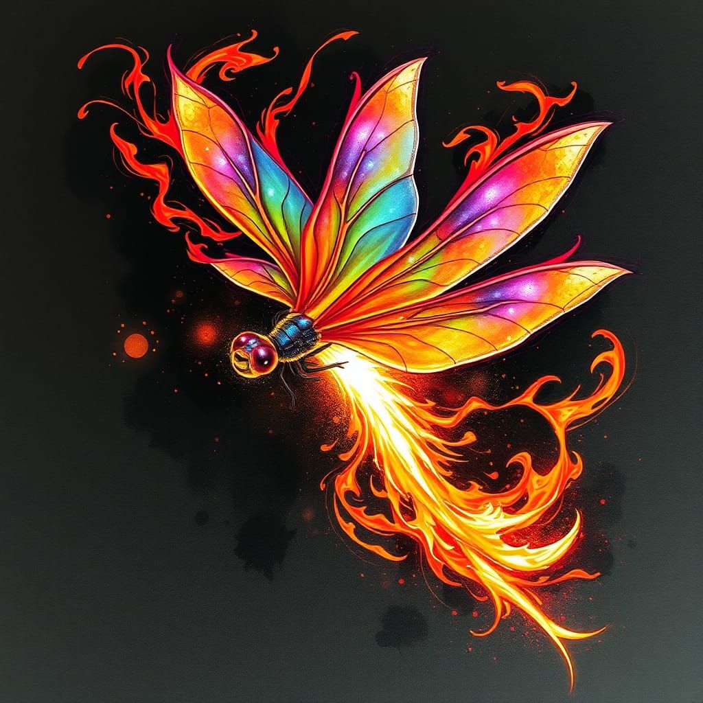 Iridescent Dragonfly with Flames and Glowing Light
