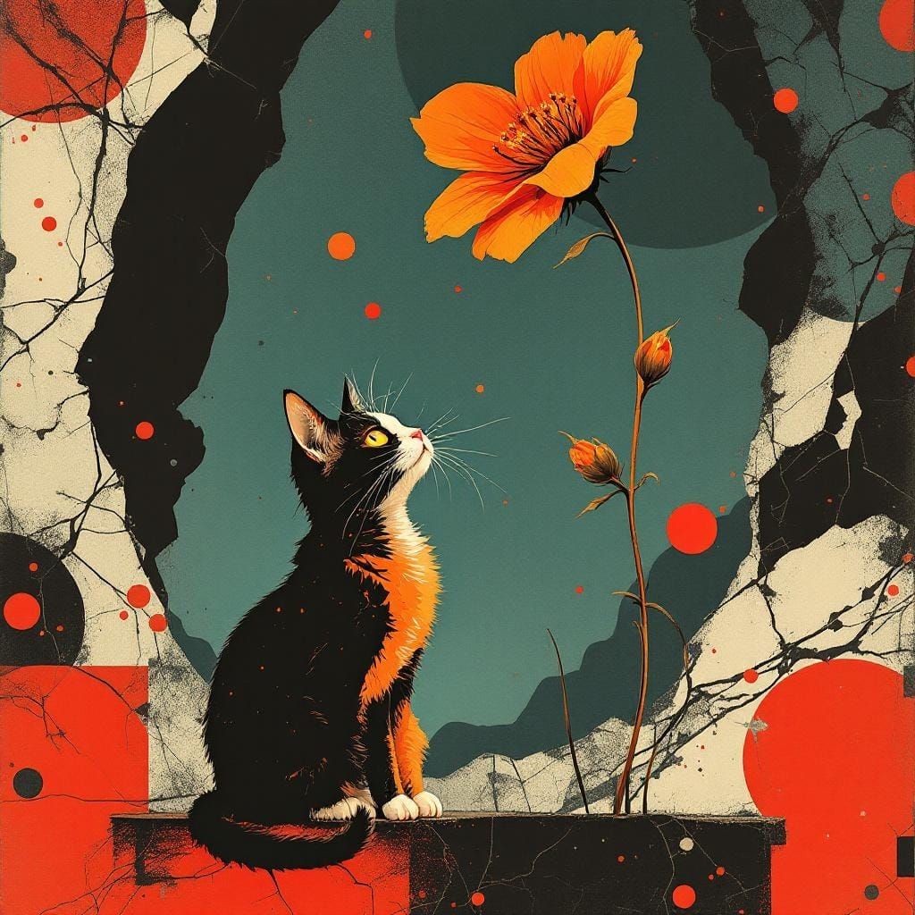 Cat Under Flower in Russian Futurism Xerox Art