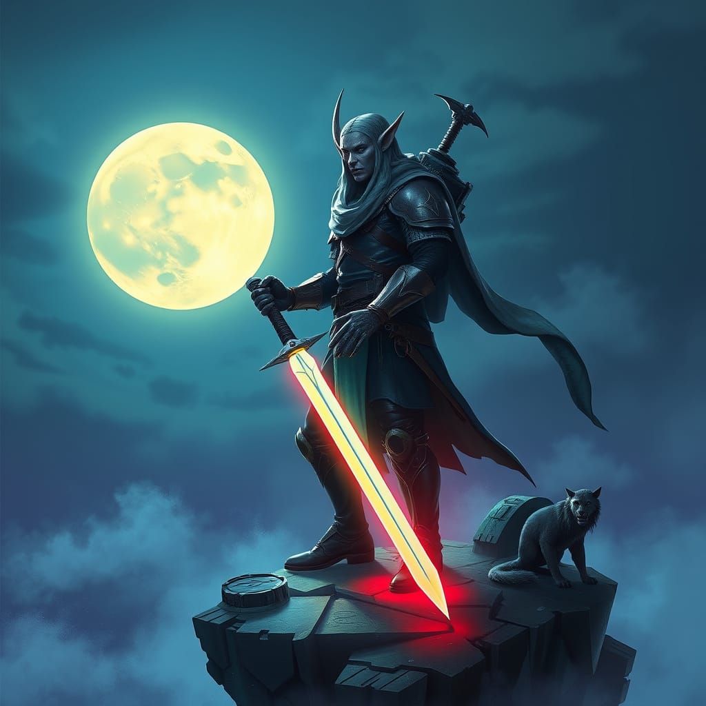 Ethereal Elf Warrior Stands on Misty Island, Glowing Sword i...