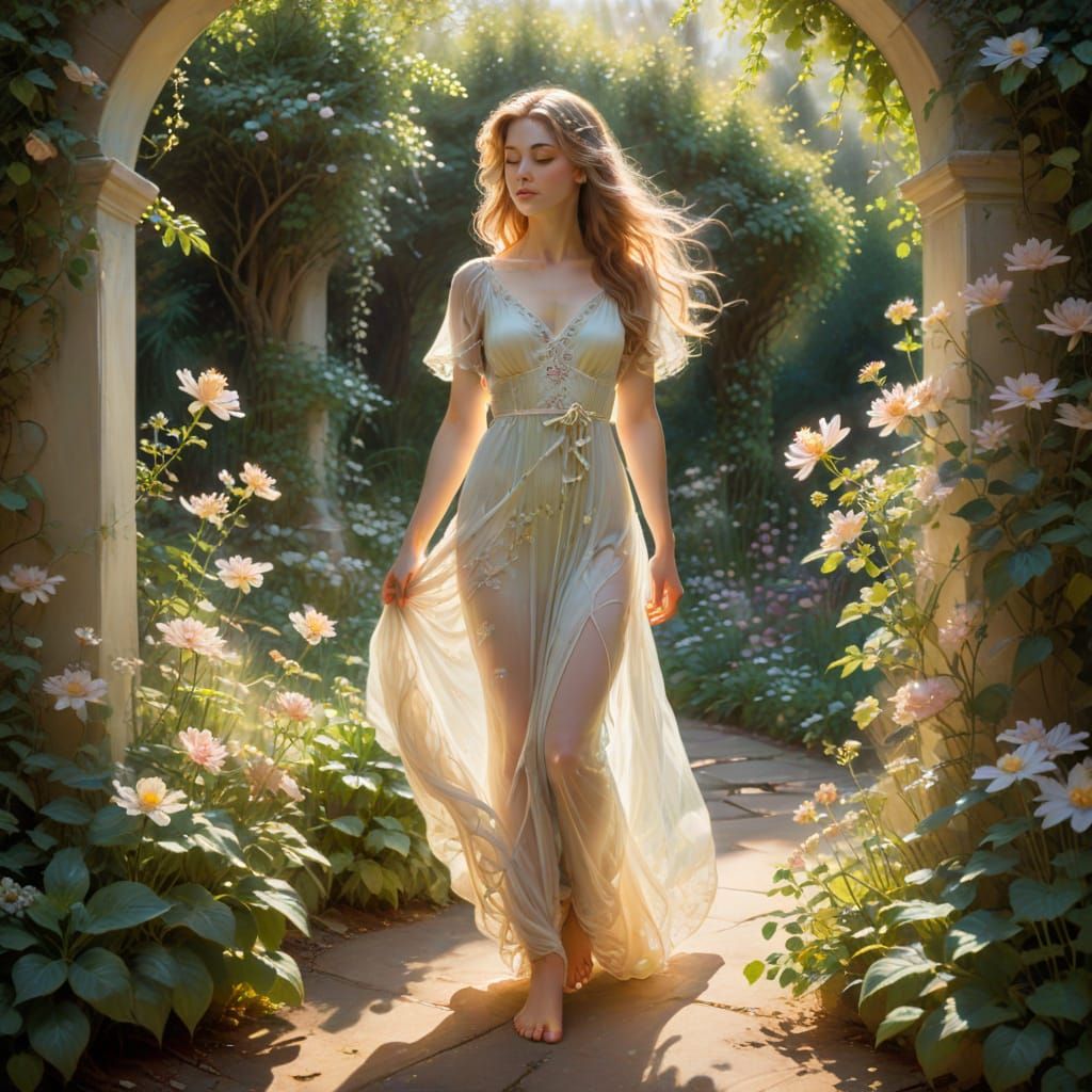 Elegant Woman in Secret Garden, Impressionistic Style