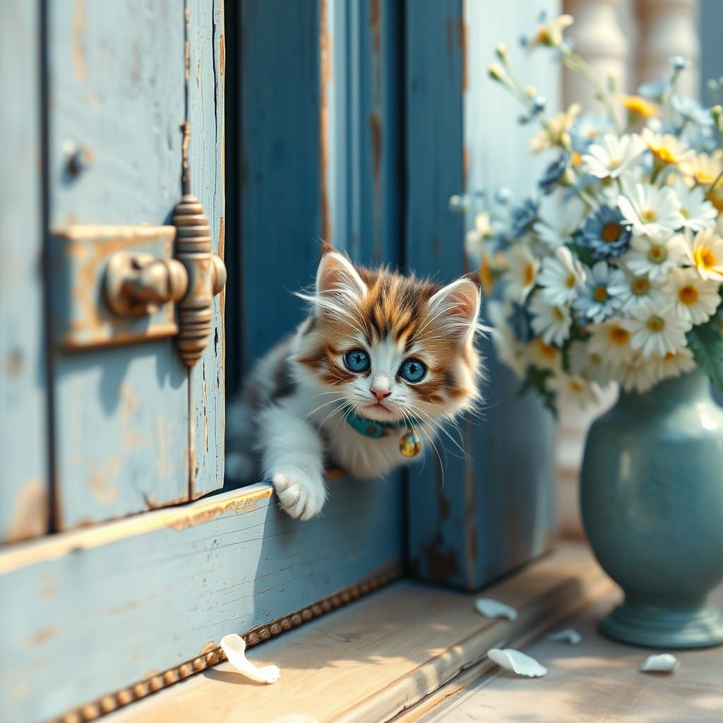 Whimsical Kitten Peeks Out from Behind a Worn Wooden Windows...