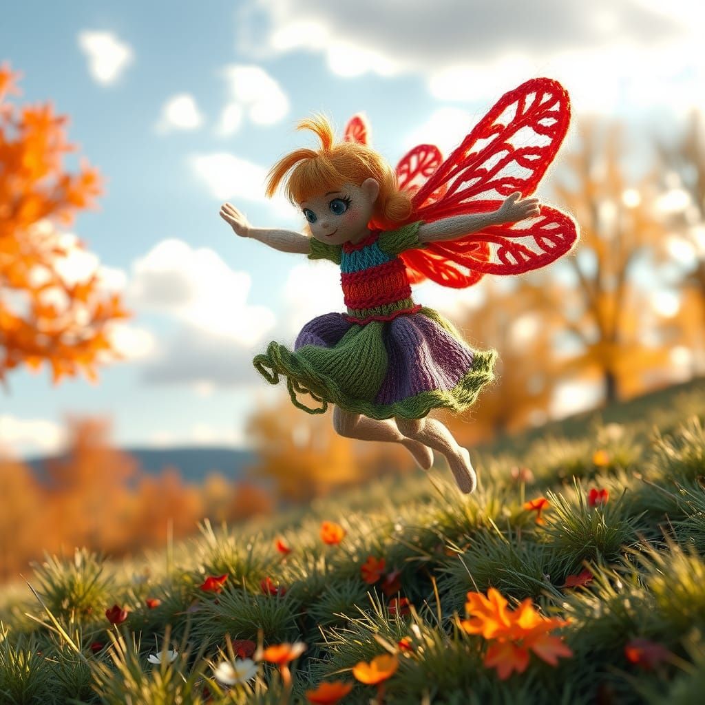 Woolen Fairy in Hand-Knit Autumn Landscape