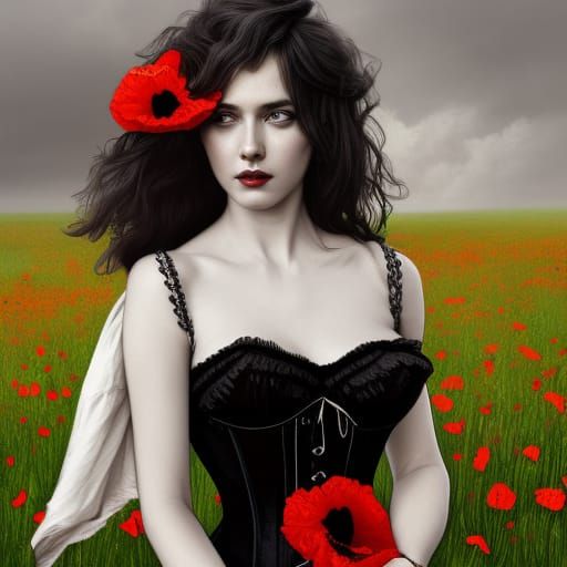 Somber Woman in Poppies Field: Hyperdetailed Concept Art
