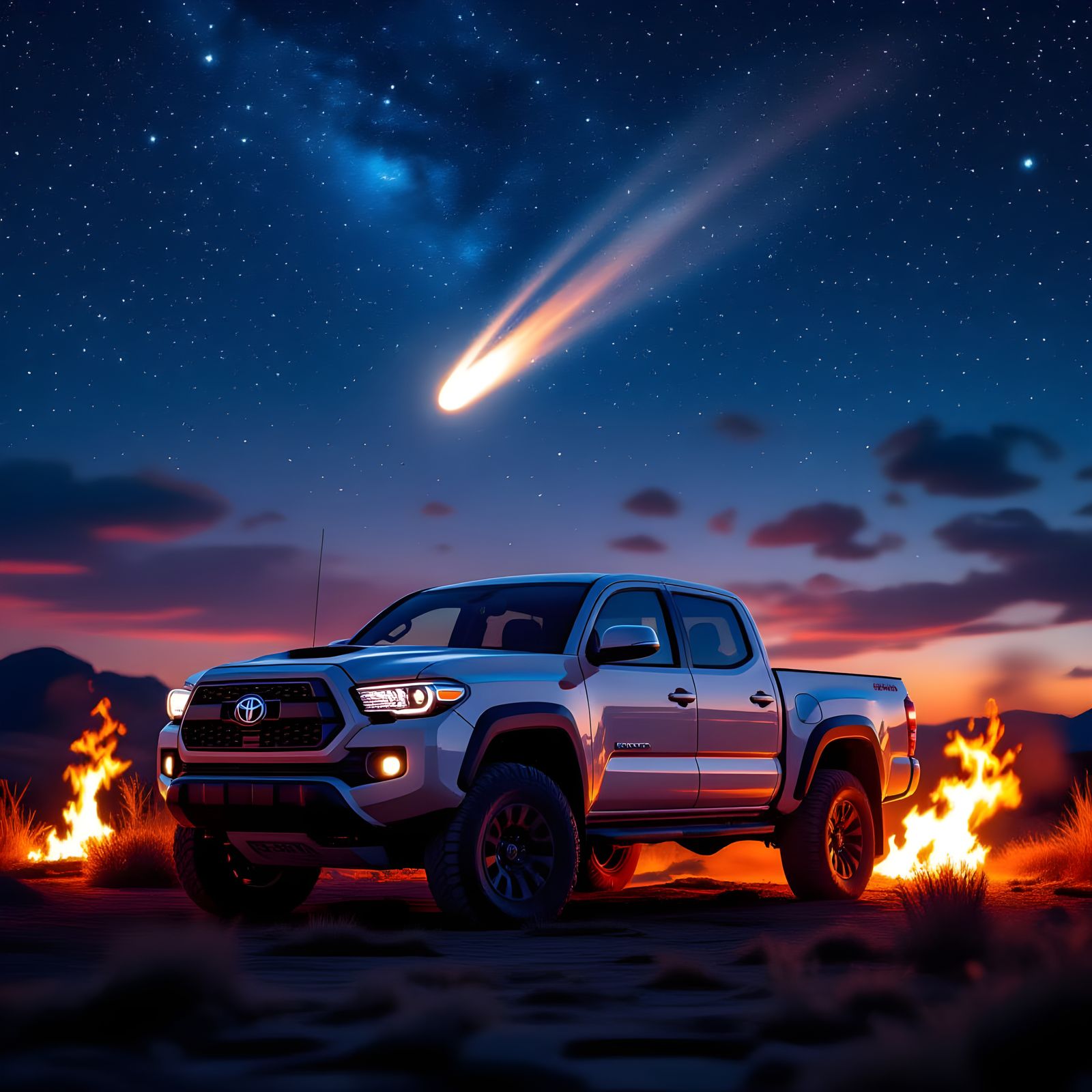 Tacoma Truck Under Starry Night with Comet