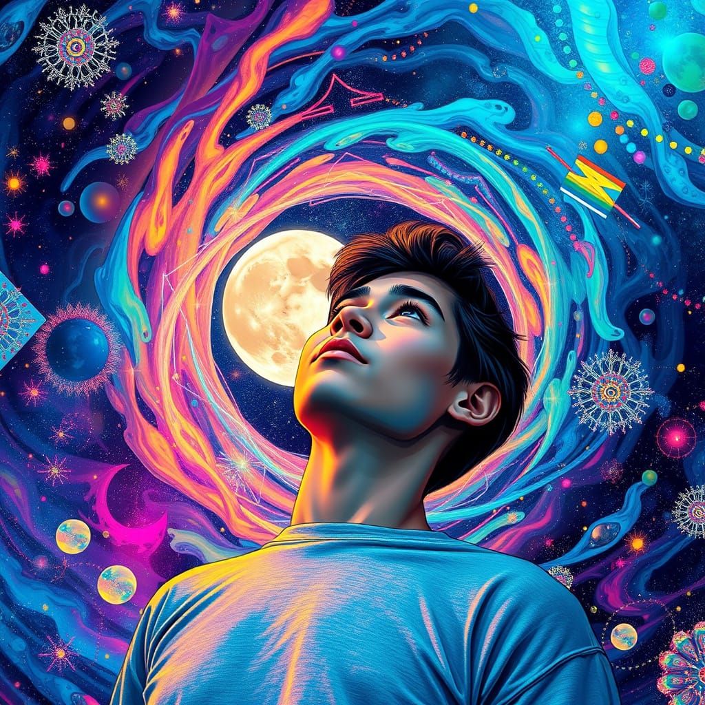 Kaleidoscope Moon Gaze with Holographic Cosmic Elements