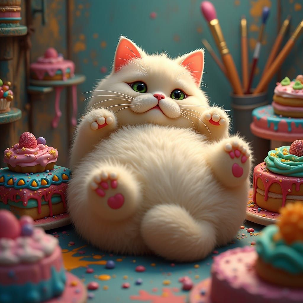 Chubby Cat Surrounded by Art Supplies in Fantasy Studio