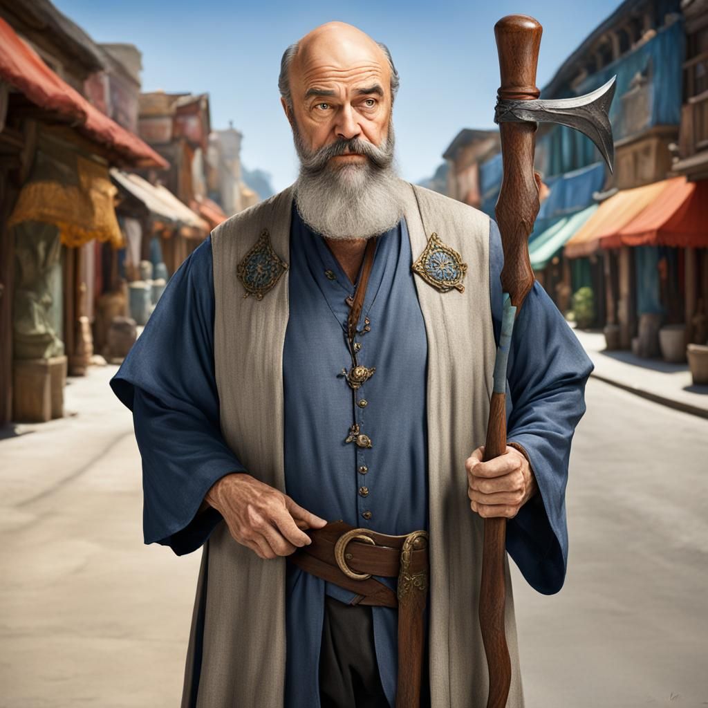 Fantasy Mage Portrait with Wooden Staff in Realistic Style