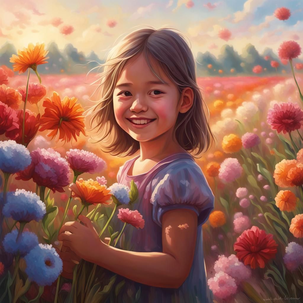 Girl Picking Flowers in Hyperrealistic Morning Light