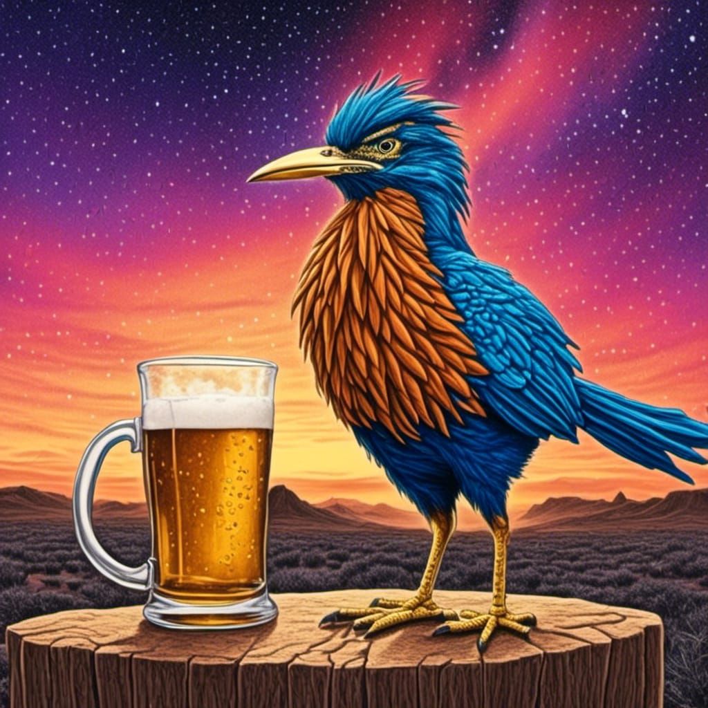 Roadrunner Enjoys Beer Mug in Desert, Abstract Art
