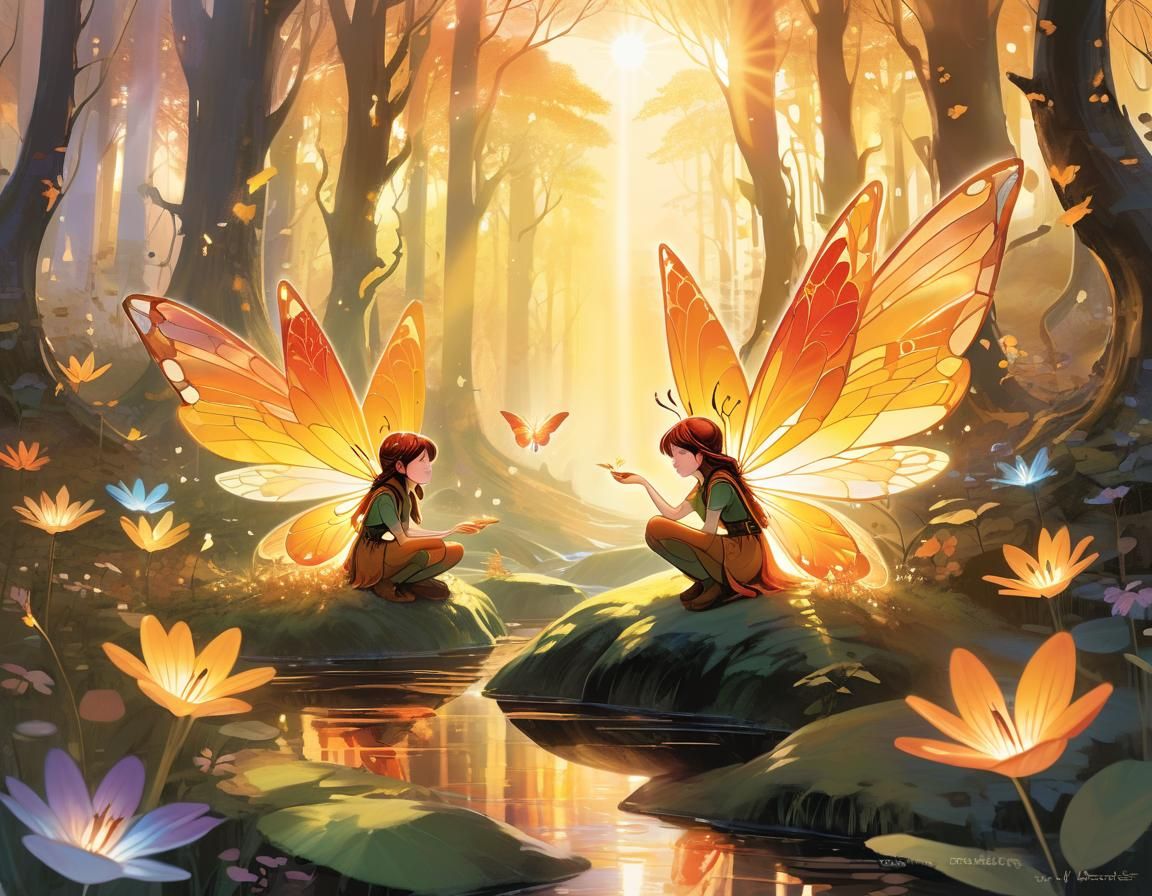 Pixies Painting the Dawn in Magical Forest