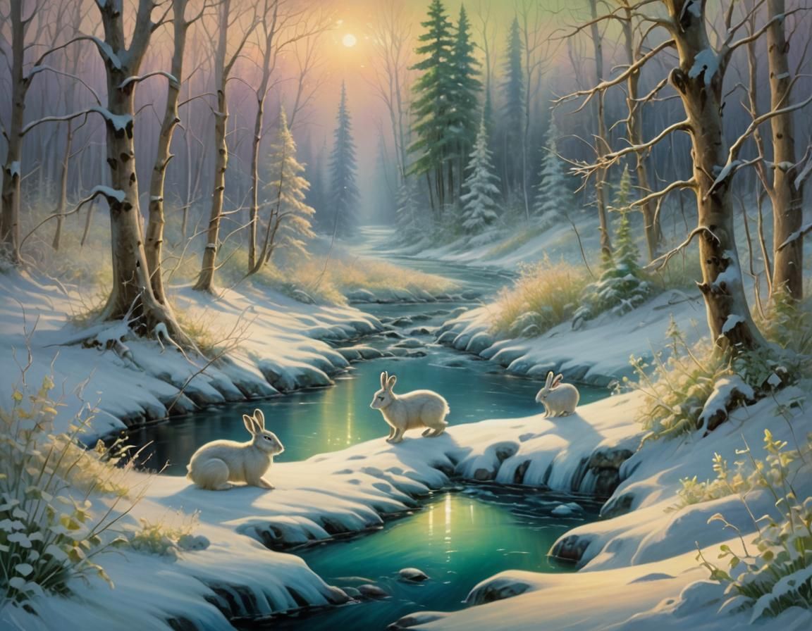 Arctic Hare in Winter Wonderland: Magical Realism Painting