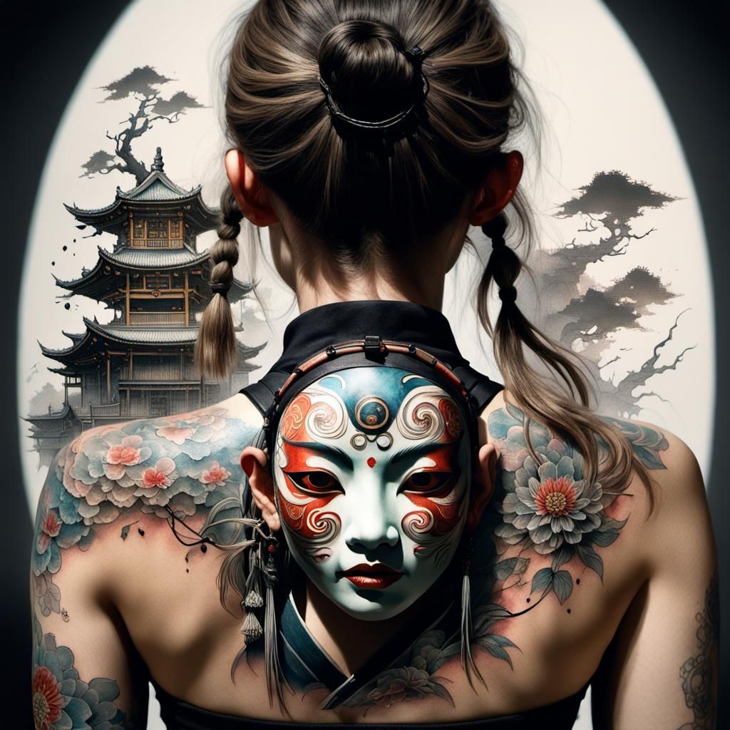 Japanese Mask Tattoo in Cinematic Style