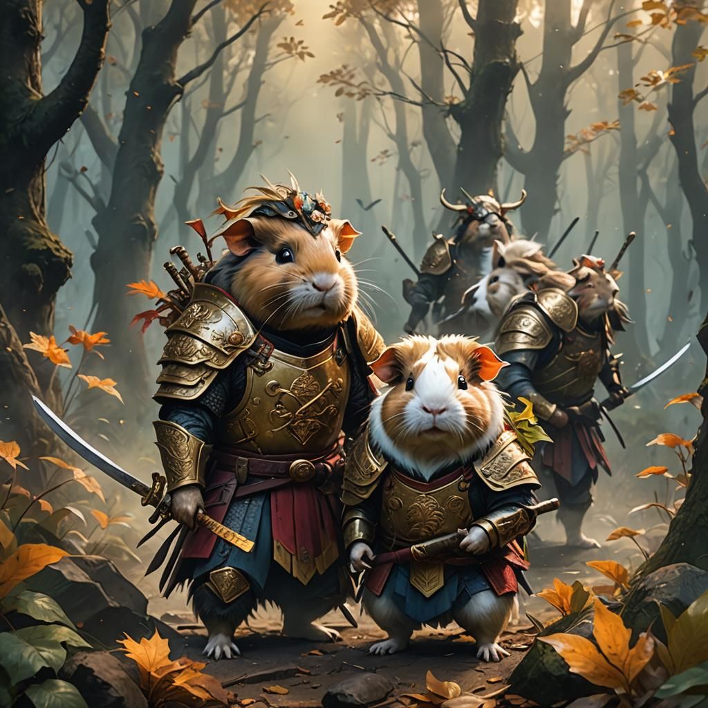 Guinea Pig Warriors in Misty Forest, Fantasy Art