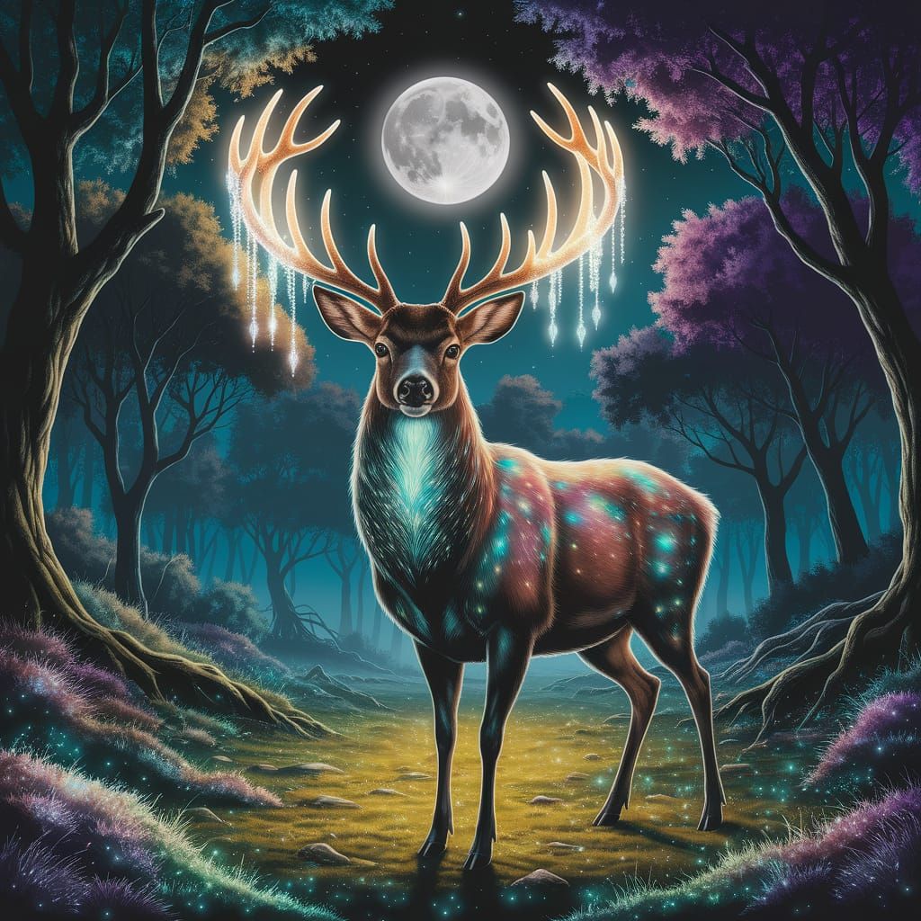 Crystal Antlered Deer in Moonlit Forest: Fantasy Art