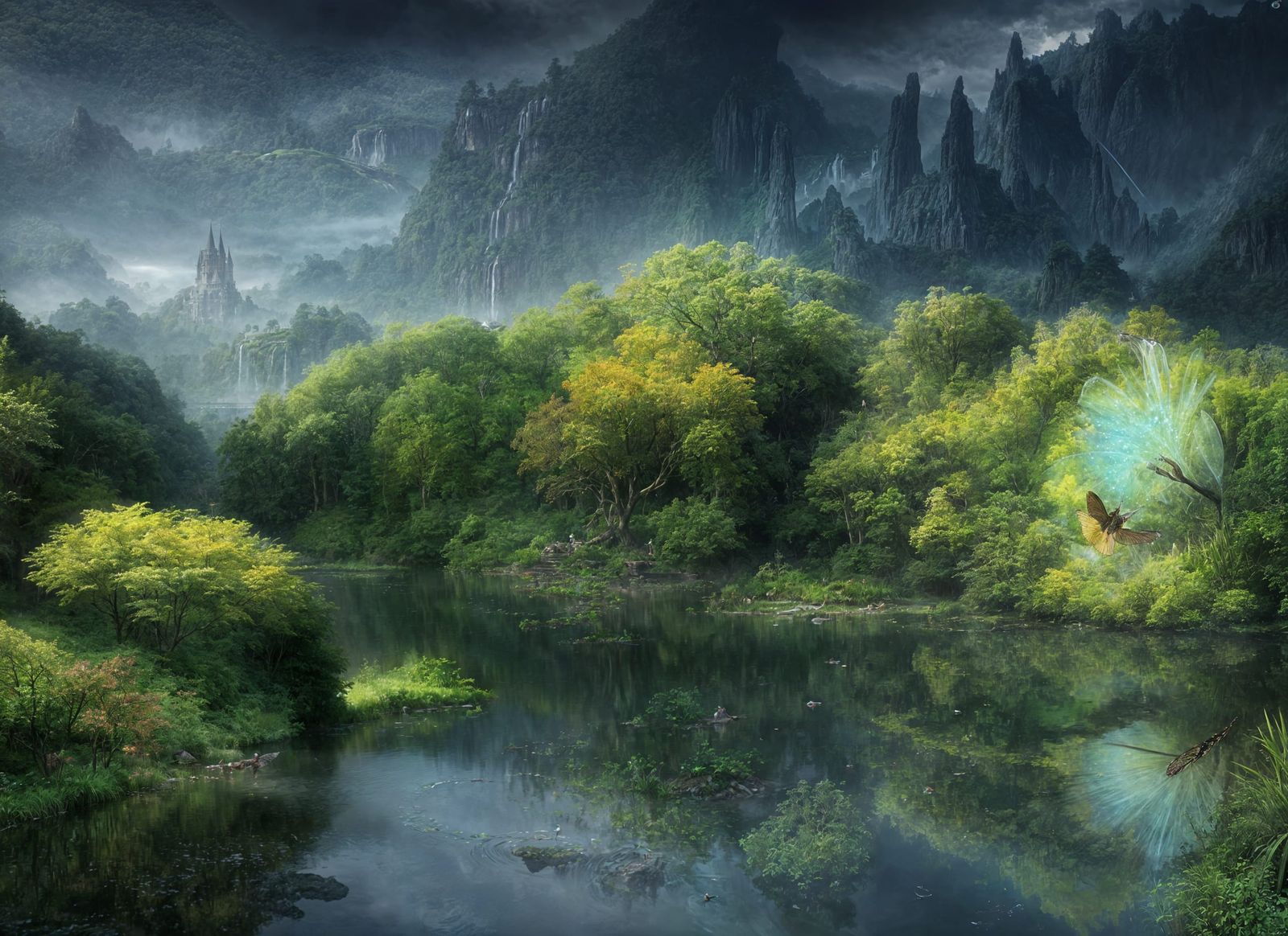 Lush Garden with Non-Human Being in Surreal Style