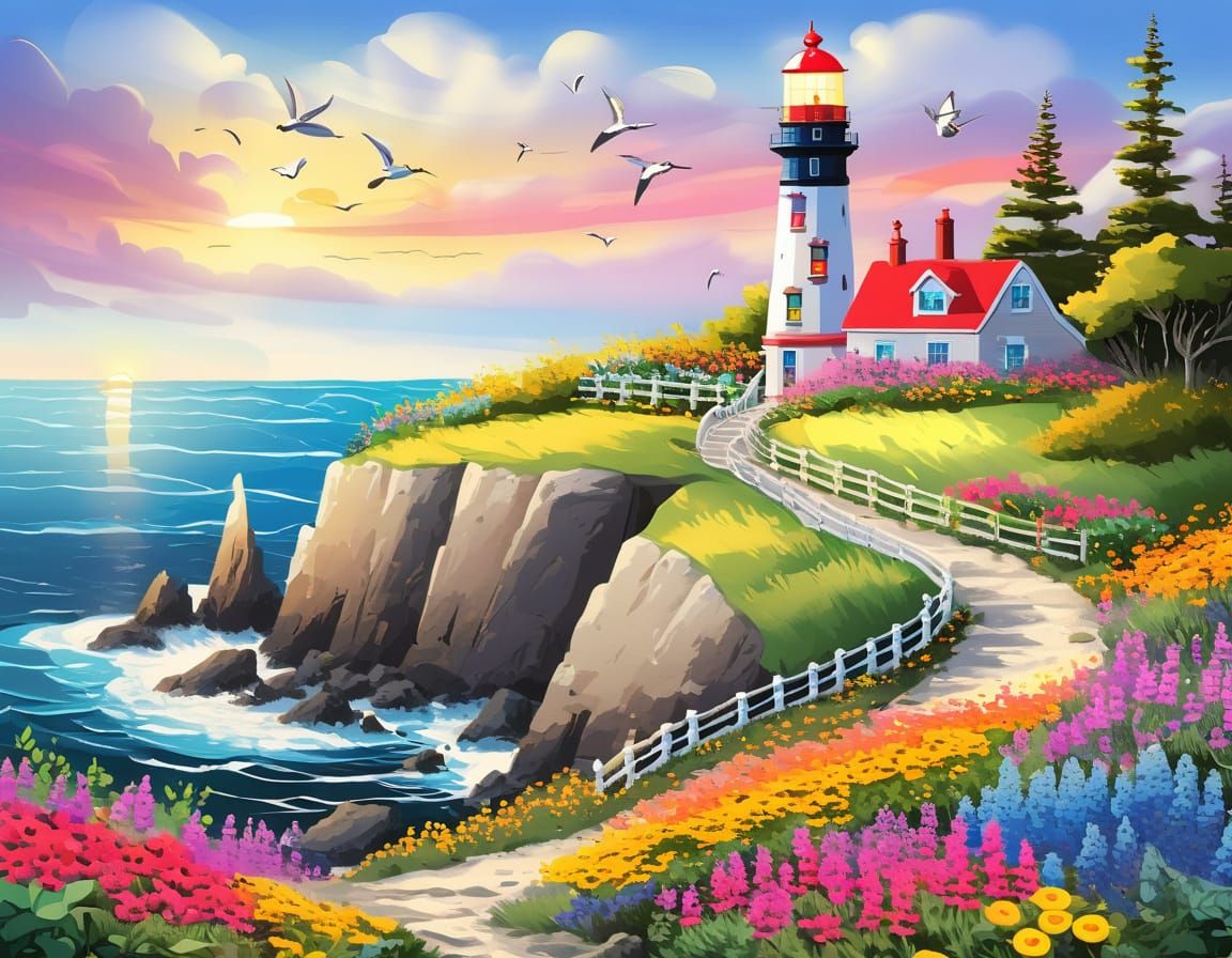 Lighthouse on Rocky Coast with Wildflowers