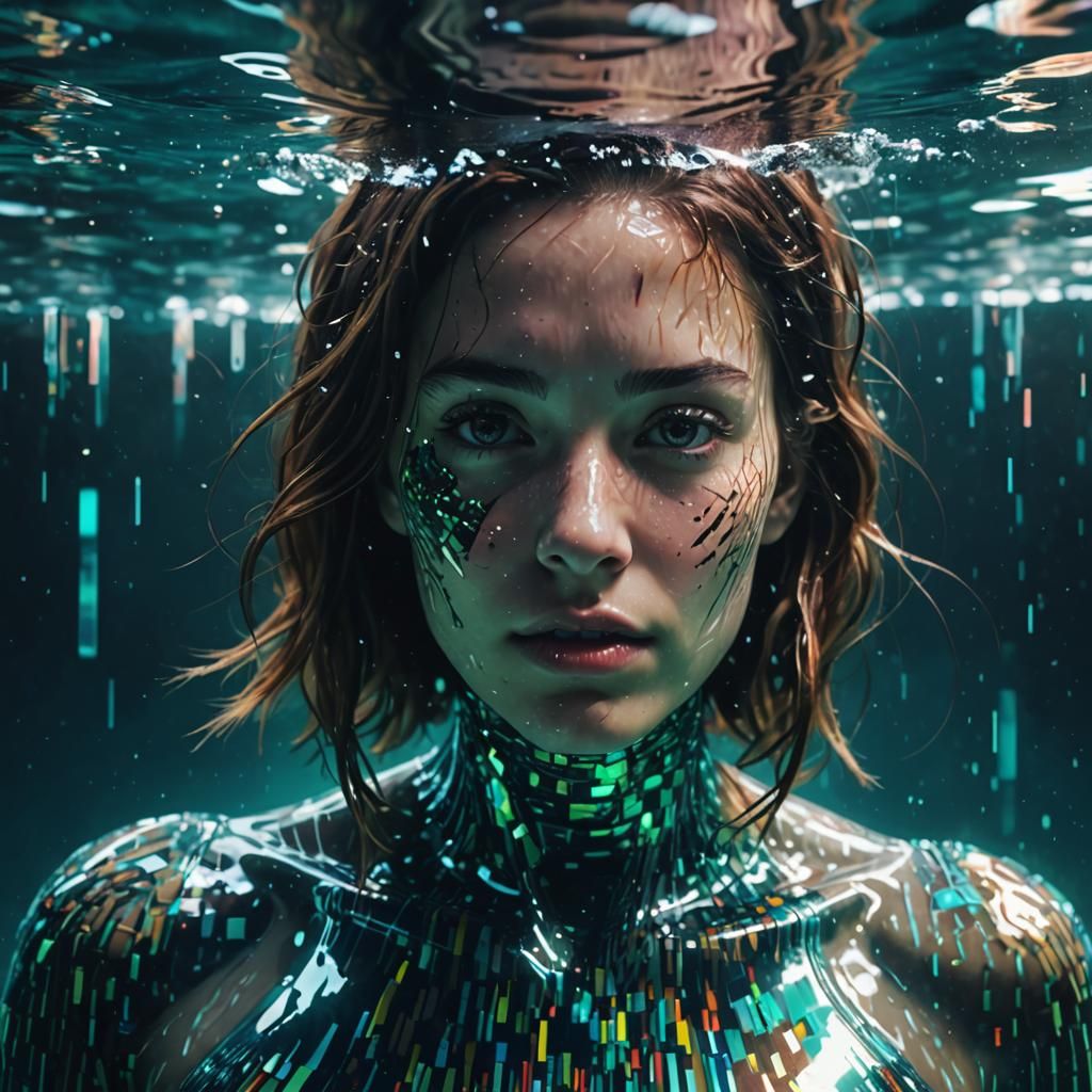 Drowning Woman with Glitch Effect in Underwater Scene