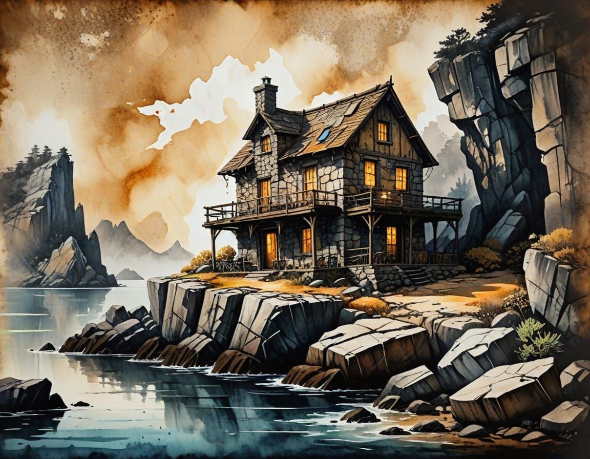 Steampunk Island Cabin in Vintage European Ink Painting Styl...