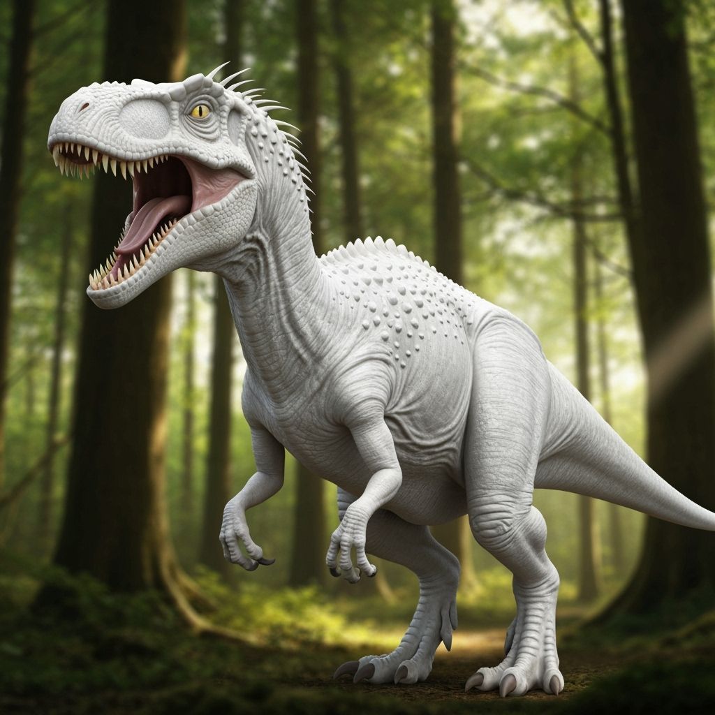 Fearsome White Theropod Dinosaur in Lush Forest