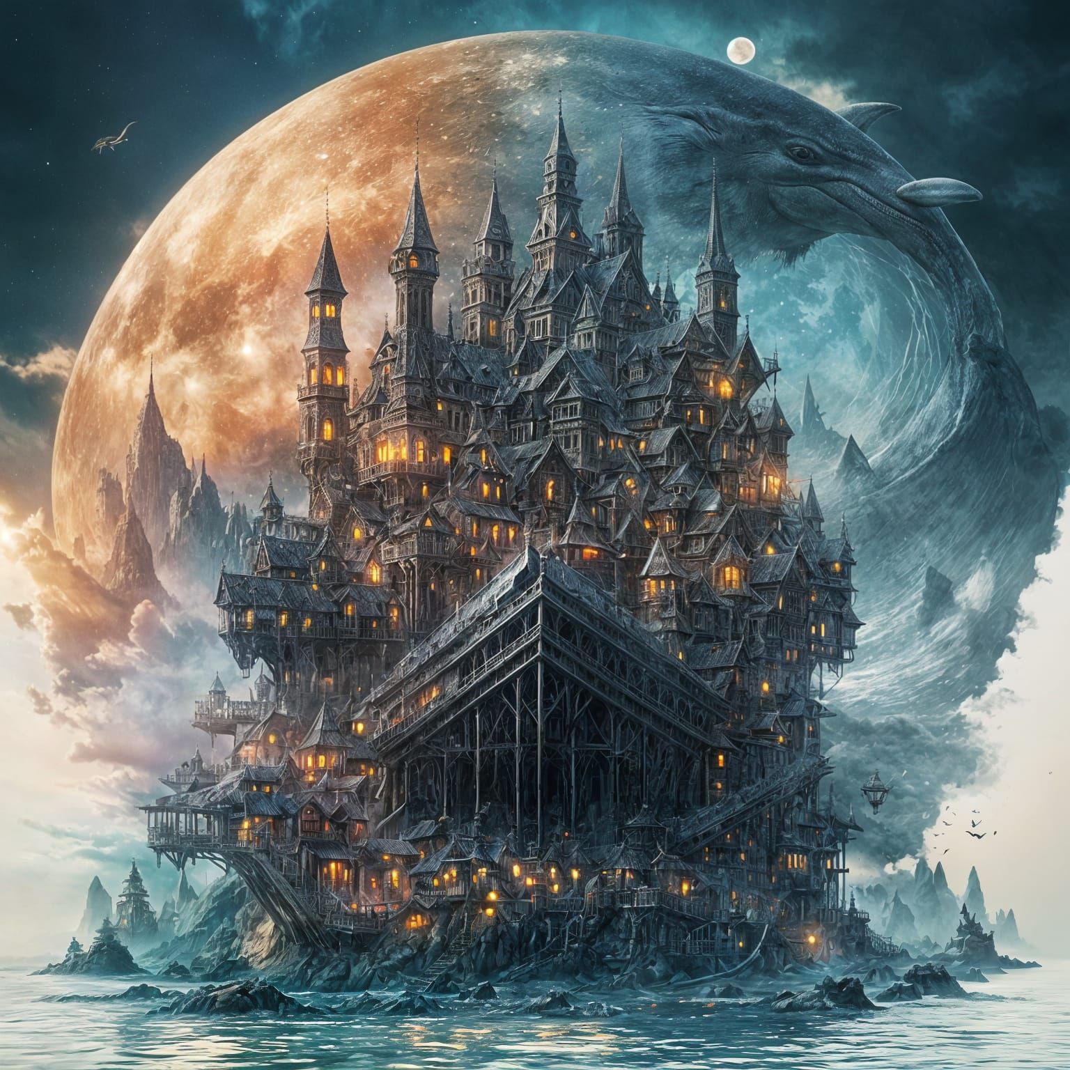 Surreal Mermaid and Dolphin Double Exposure Under the Blue M...