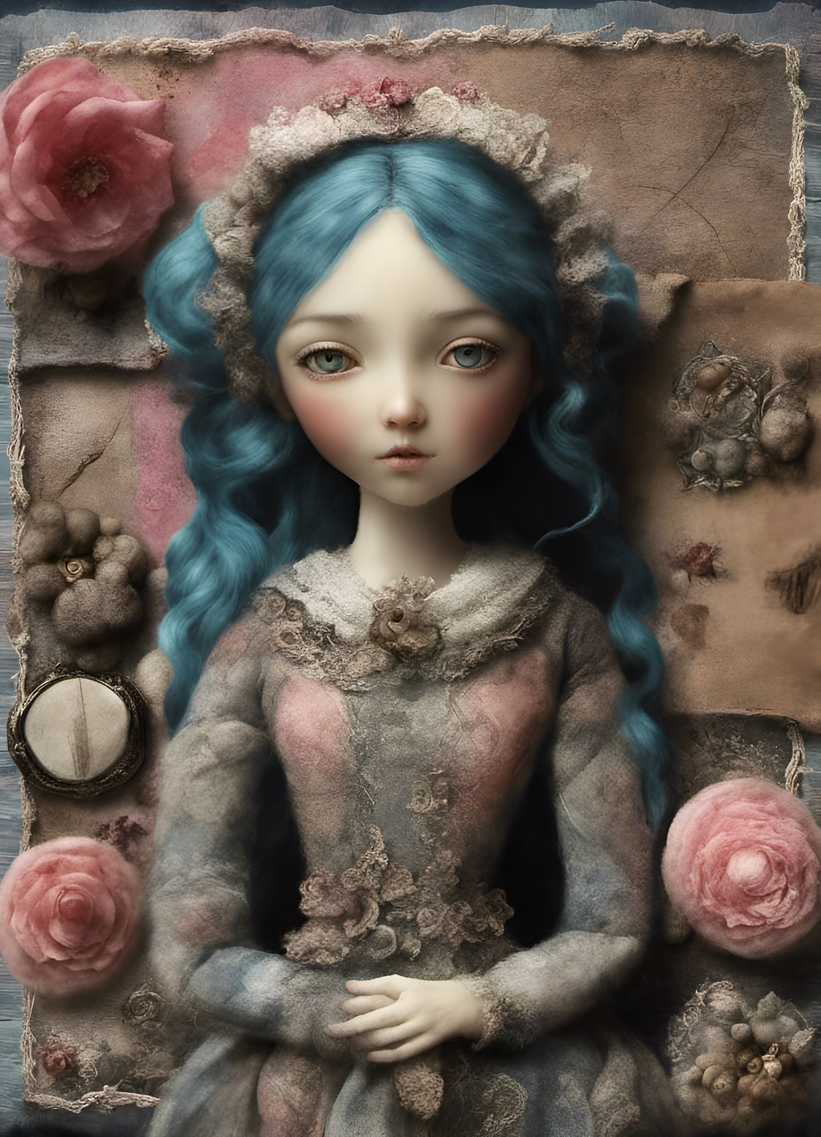 Detailed Patchwork Sculpture Collage with Moonlit Eyes