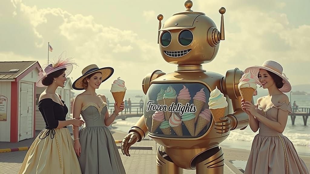 Victorian Ladies at Seaside with Robot Ice Cream Vendor