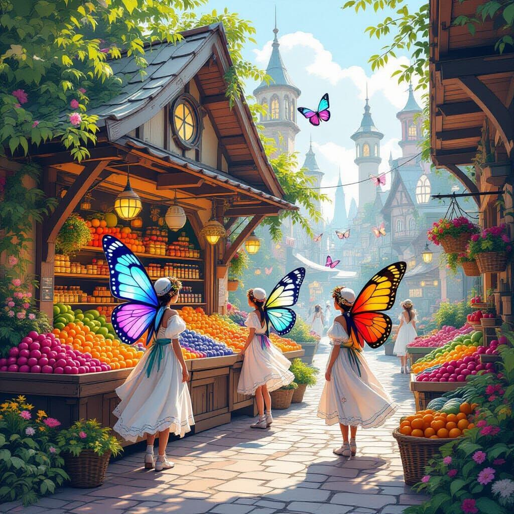 Butterfly People at Farmstand in Futuristic City