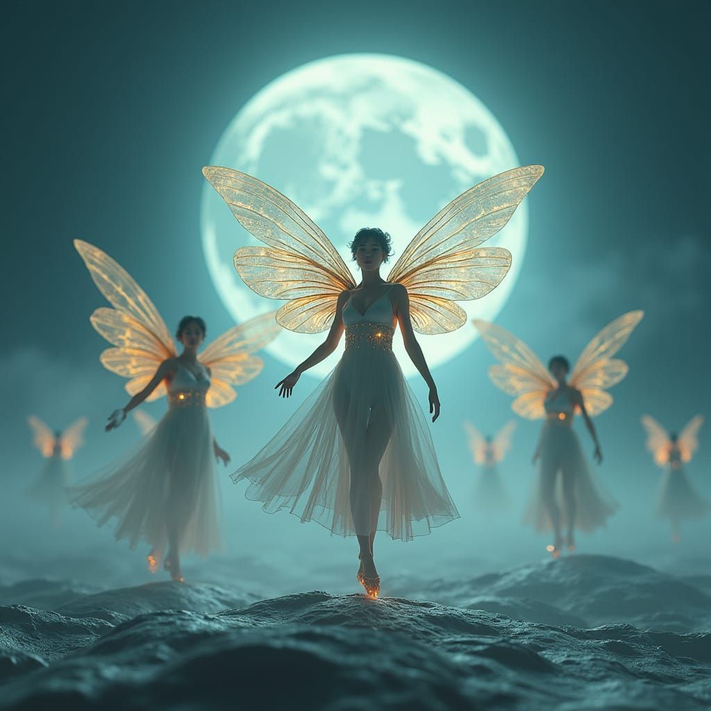 Fairies Dancing on Moonlit Surface in Ethereal Light