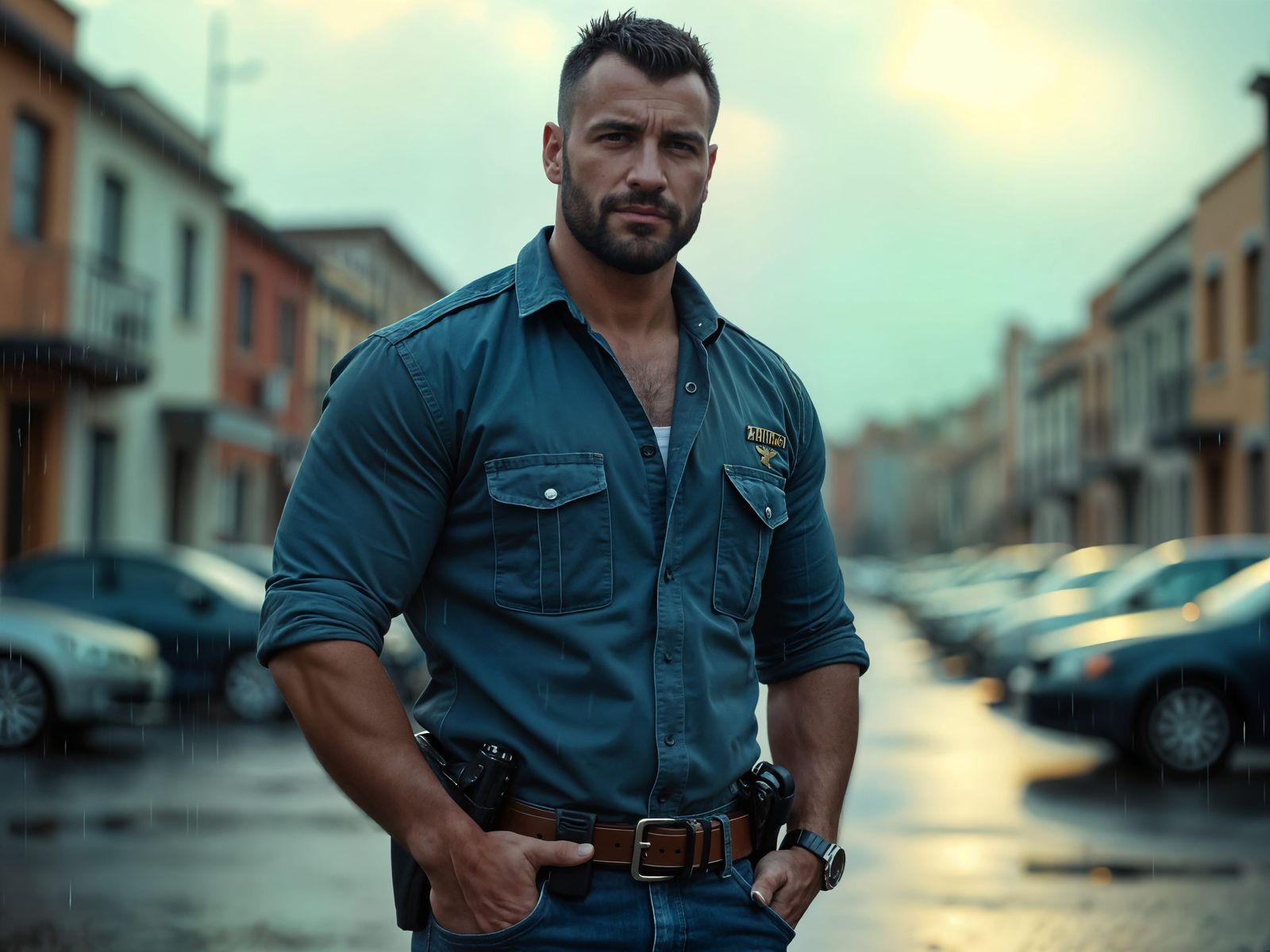 Greek Man in Rain with God Rays