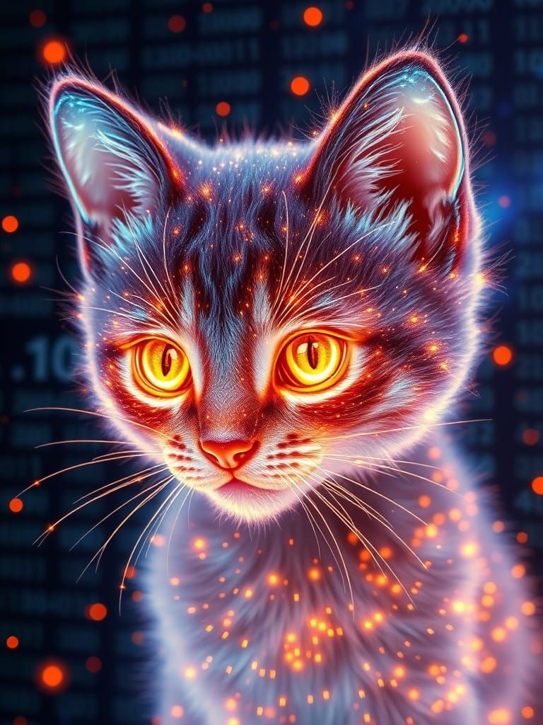 Bioluminescent Kitten Sculpture of Glowing Numbers