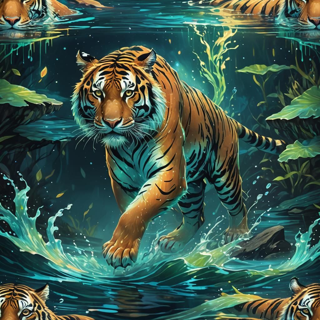 Bioluminescent Tiger Swimming at Night as Ethereal Oil Paint...