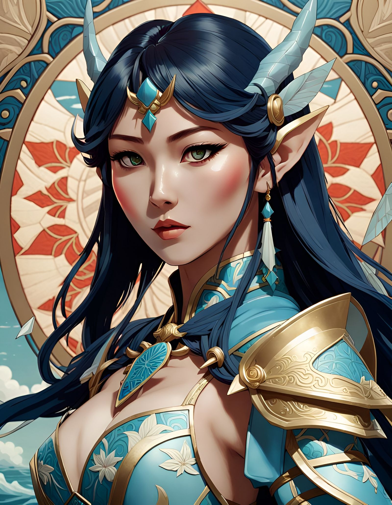 Japanese Elf Warrior Portrait in Art Nouveau Style